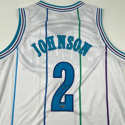 Autographed/Signed Larry Johnson Charlotte White Basketball Jersey Steiner COA