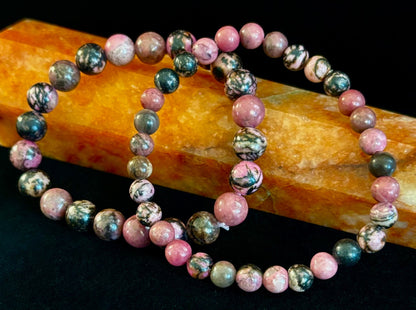 Natural Rhodonite Stone Bead Bracelet – Emotional Healing & Love Energy | 6mm & 8mm Beads