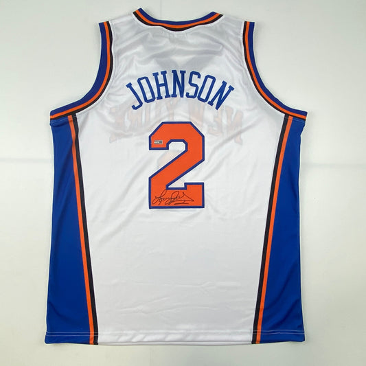 Autographed/Signed Larry Johnson New York White Basketball Jersey Steiner COA