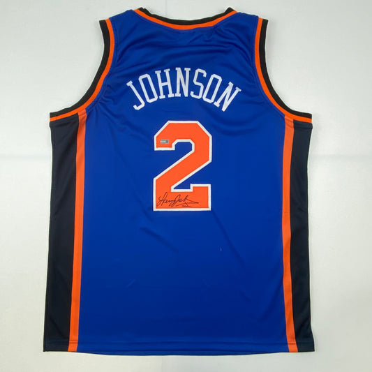 Autographed/Signed Larry Johnson New York Blue Basketball Jersey Steiner COA