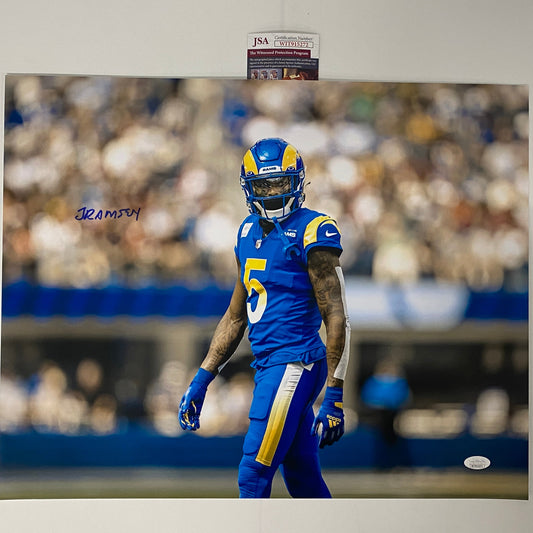 Autographed/Signed Jalen Ramsey Los Angeles LA Rams 16x20 Football Photo JSA COA #4