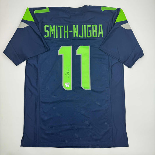 Autographed/Signed Jaxon Smith-Njigba Seattle Blue Football Jersey Beckett BAS COA