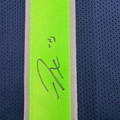 Framed Autographed/Signed Jaxon Smith-Njigba 35x39 Seattle Blue Football Jersey Beckett BAS COA