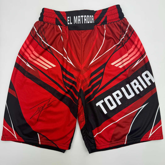 Autographed/Signed Ilia Topuria Black and Red UFC MMA Trunks Shorts Ultimate Fighting Beckett BAS COA