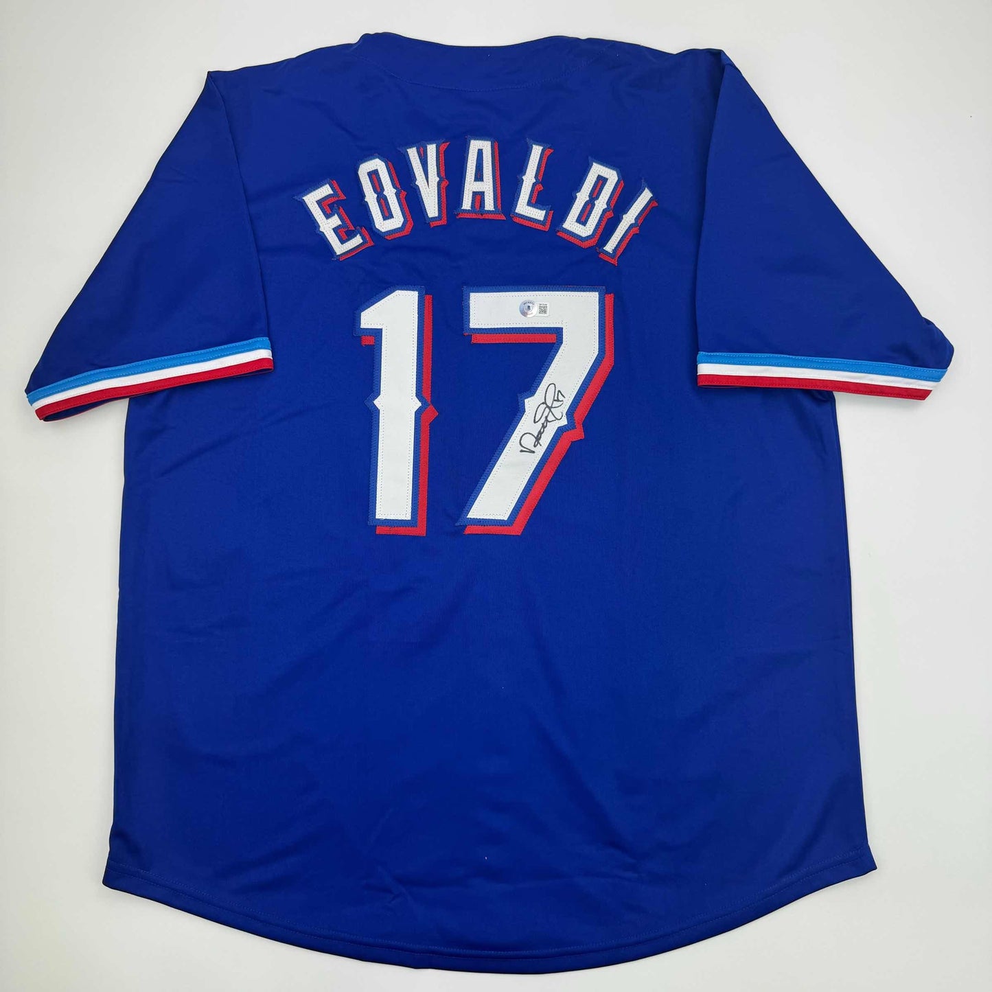 Autographed/Signed Nathan Eovaldi Texas Blue Baseball Jersey Beckett BAS COA