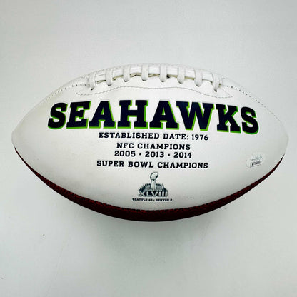 Autographed/Signed Shaun Alexander Seattle Seahawks Full Size FS White Panel Logo Football JSA COA