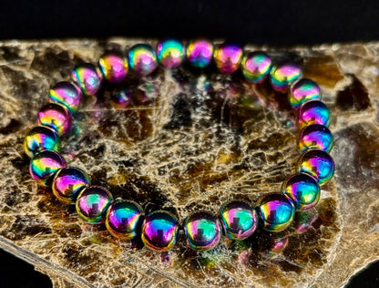 Rainbow Hematite Round Beaded Bracelet – Pride & Strength for Medium to Large Wrists