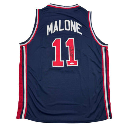 Autographed/Signed Karl Malone United States USA Blue 1992 Dream Team Basketball Jersey JSA COA