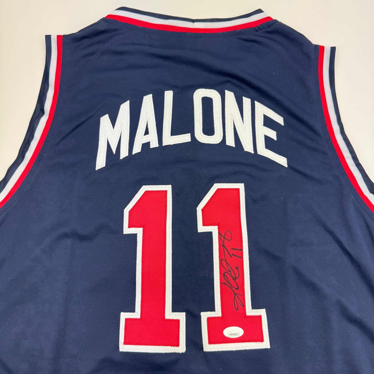 Autographed/Signed Karl Malone United States USA Blue 1992 Dream Team Basketball Jersey JSA COA