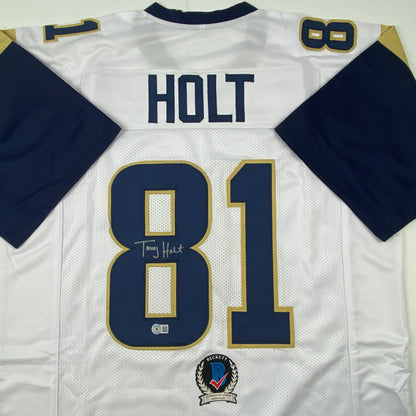Autographed/Signed Torry Holt St. Louis White Football Jersey Beckett BAS COA