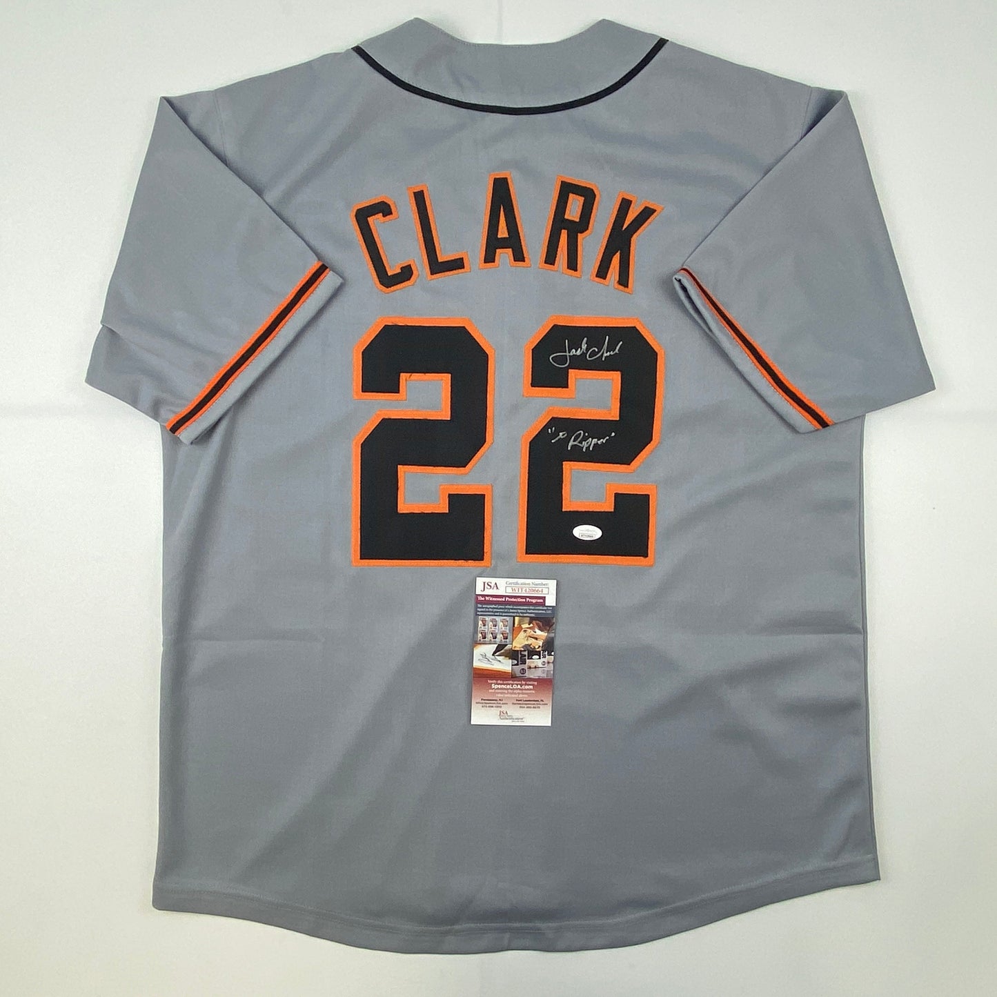 Autographed/Signed Jack Clark The Ripper San Francisco Grey Baseball Jersey JSA COA