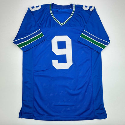 Autographed/Signed Kenneth Walker Seattle Retro Blue Football Jersey Beckett BAS COA