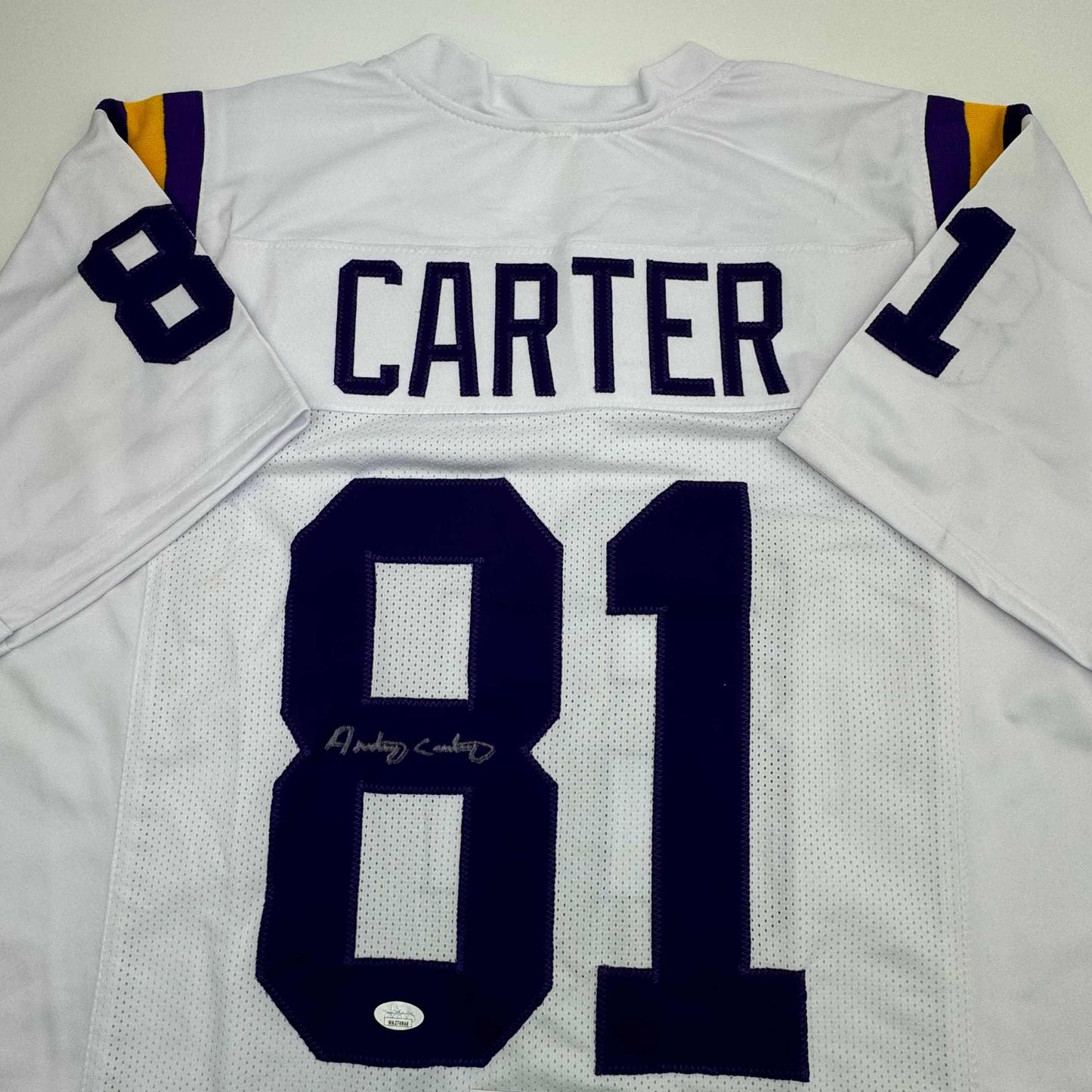 Autographed/Signed Anthony Carter Minnesota White Football Jersey JSA COA