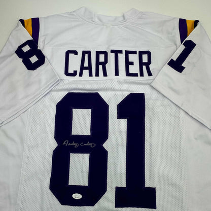 Autographed/Signed Anthony Carter Minnesota White Football Jersey JSA COA