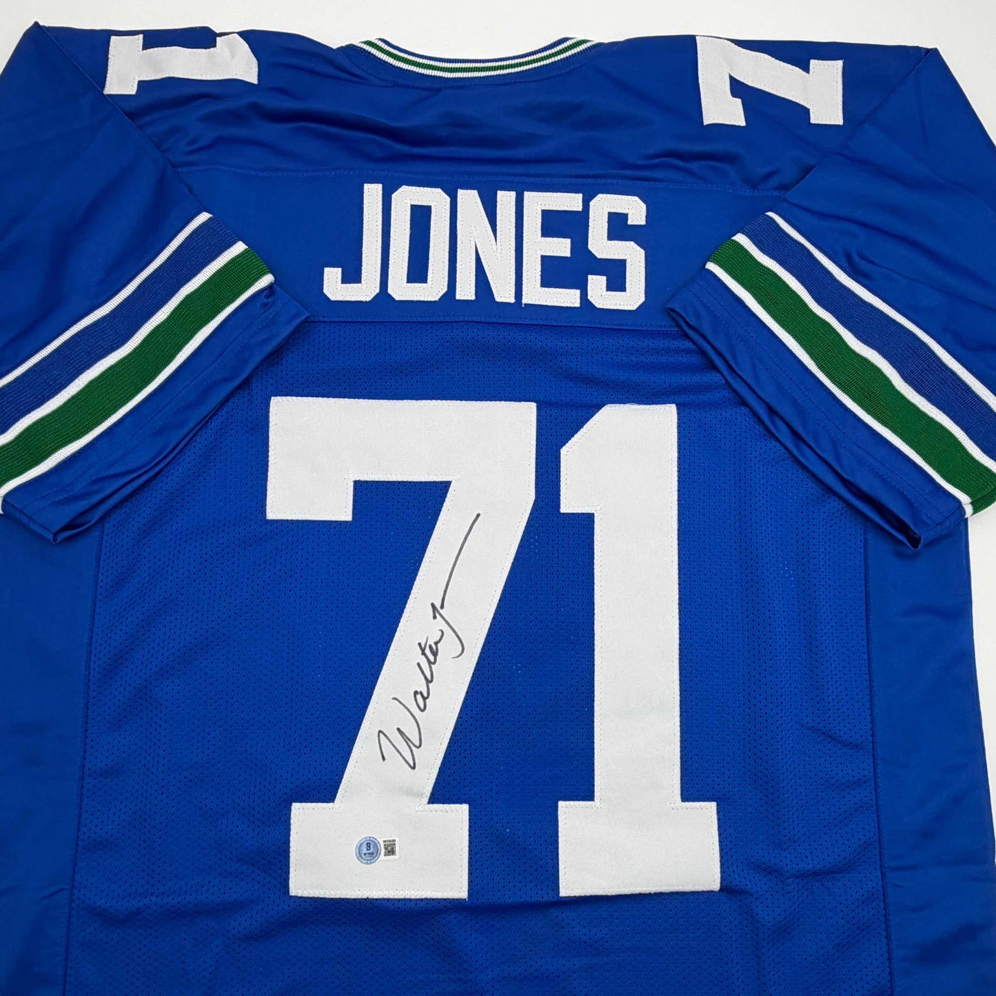 Autographed/Signed Walter Jones Seattle Blue Football Jersey JSA COA