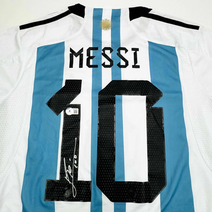 Autographed/Signed Lionel Leo Messi Argentina Blue/White Soccer Jersey Beckett BAS COA/LOA #2