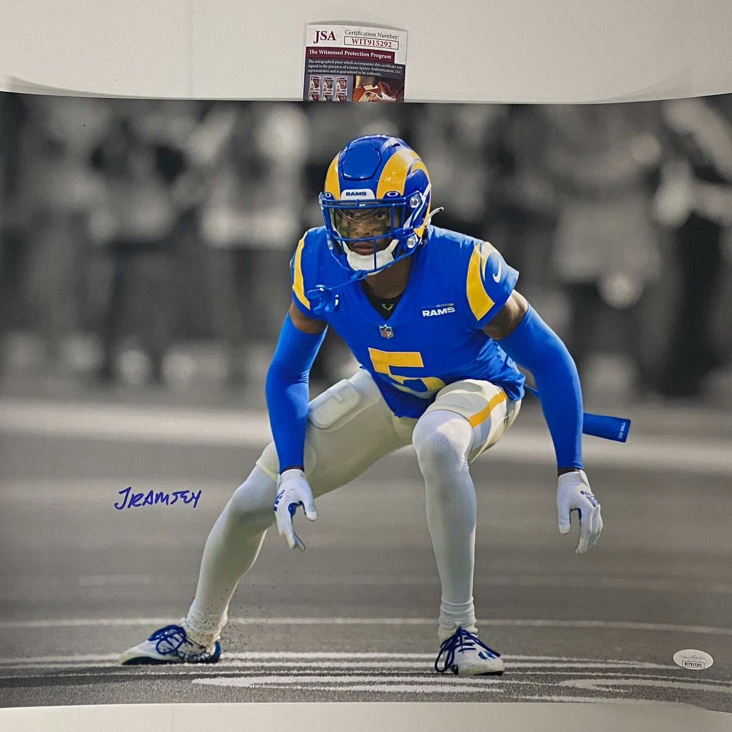 Autographed/Signed Jalen Ramsey Los Angeles LA Rams 16x20 Football Photo JSA COA #6