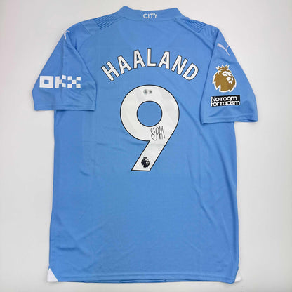 Autographed/Signed Erling Haaland Manchester City Blue Soccer Futbol Jersey Beckett BAS COA
