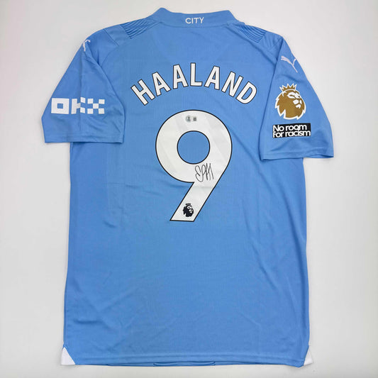 Autographed/Signed Erling Haaland Manchester City Blue Soccer Futbol Jersey Beckett BAS COA