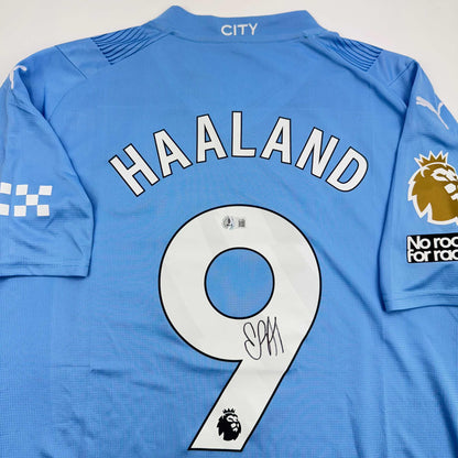 Autographed/Signed Erling Haaland Manchester City Blue Soccer Futbol Jersey Beckett BAS COA