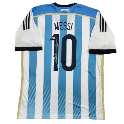 Autographed/Signed Lionel Leo Messi Argentina Blue/White Soccer Jersey Beckett BAS COA