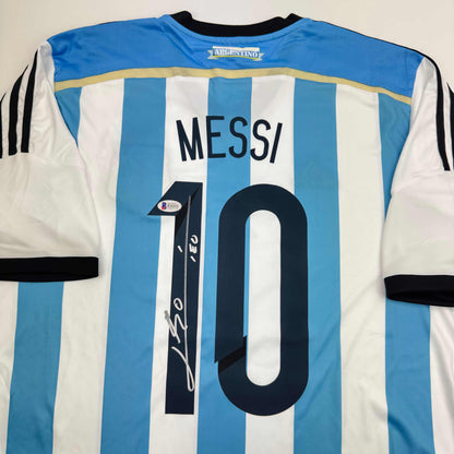 Autographed/Signed Lionel Leo Messi Argentina Blue/White Soccer Jersey Beckett BAS COA