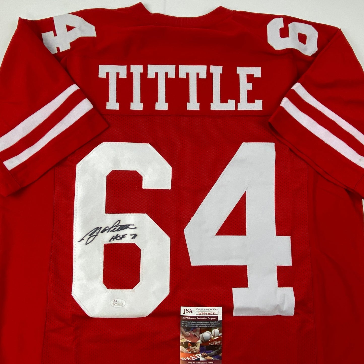 Autographed/Signed YA Y.A. Tittle HOF 71 #64 San Francisco Red Football Jersey JSA COA