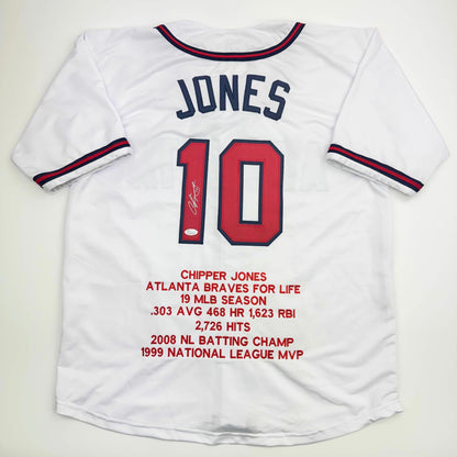 Autographed/Signed Chipper Jones Atlanta White Stat Baseball Jersey JSA COA