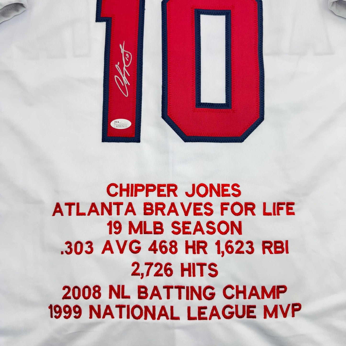 Autographed/Signed Chipper Jones Atlanta White Stat Baseball Jersey JSA COA