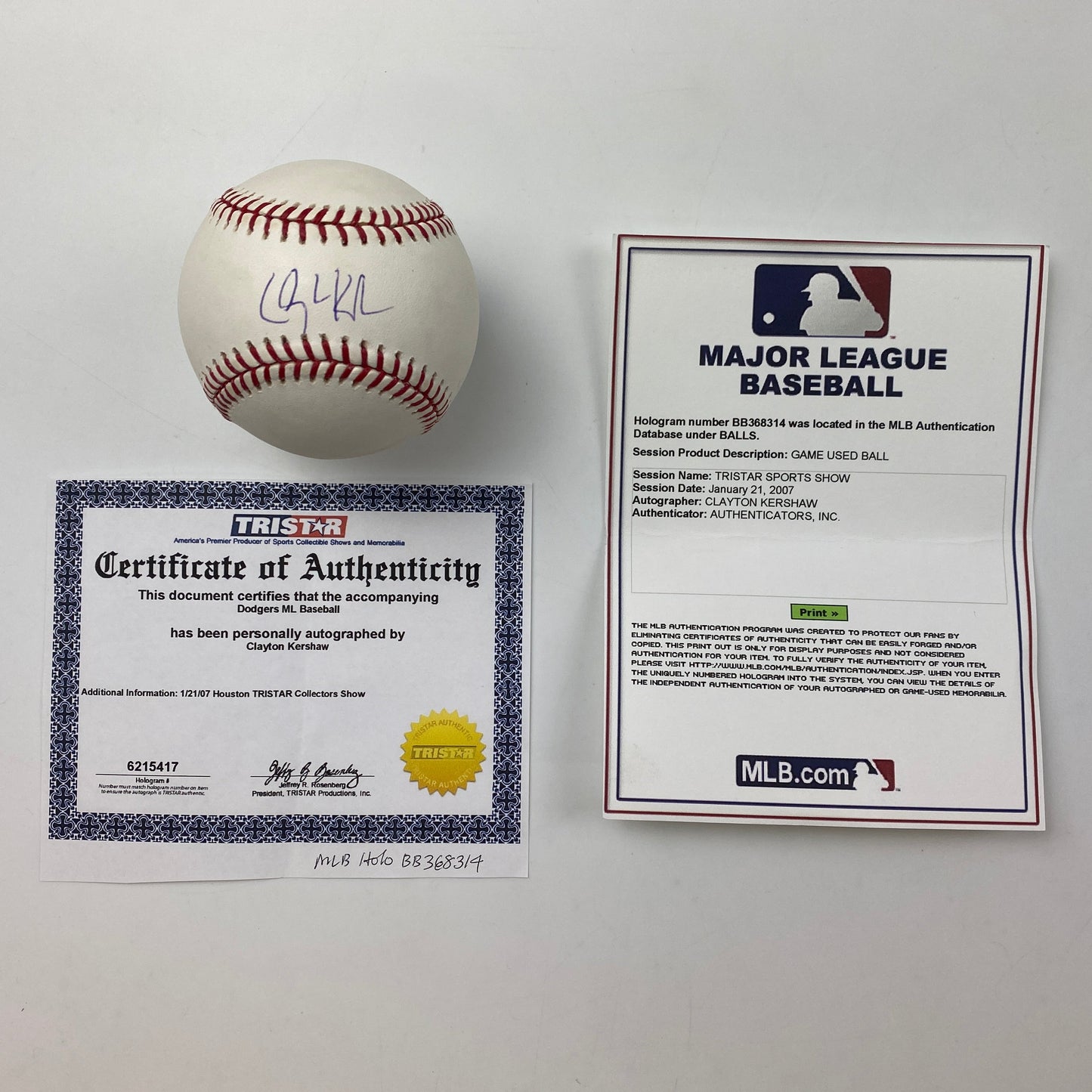 Autographed/Signed Clayton Kershaw Rawlings Official Major League Baseball ROML Tristar & MLB COA Auto