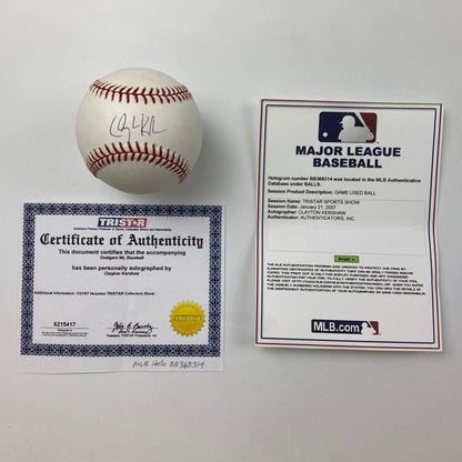 Autographed/Signed Clayton Kershaw Rawlings Official Major League Baseball ROML Tristar & MLB COA Auto
