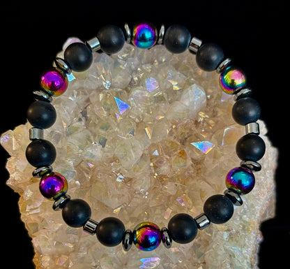 Hematite and Natural Stone Unisex Stretch Bracelet – Medium Fit, Sleek Fusion Style