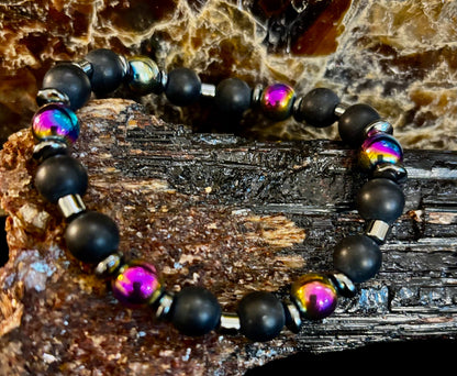 Hematite and Natural Stone Unisex Stretch Bracelet – Medium Fit, Sleek Fusion Style