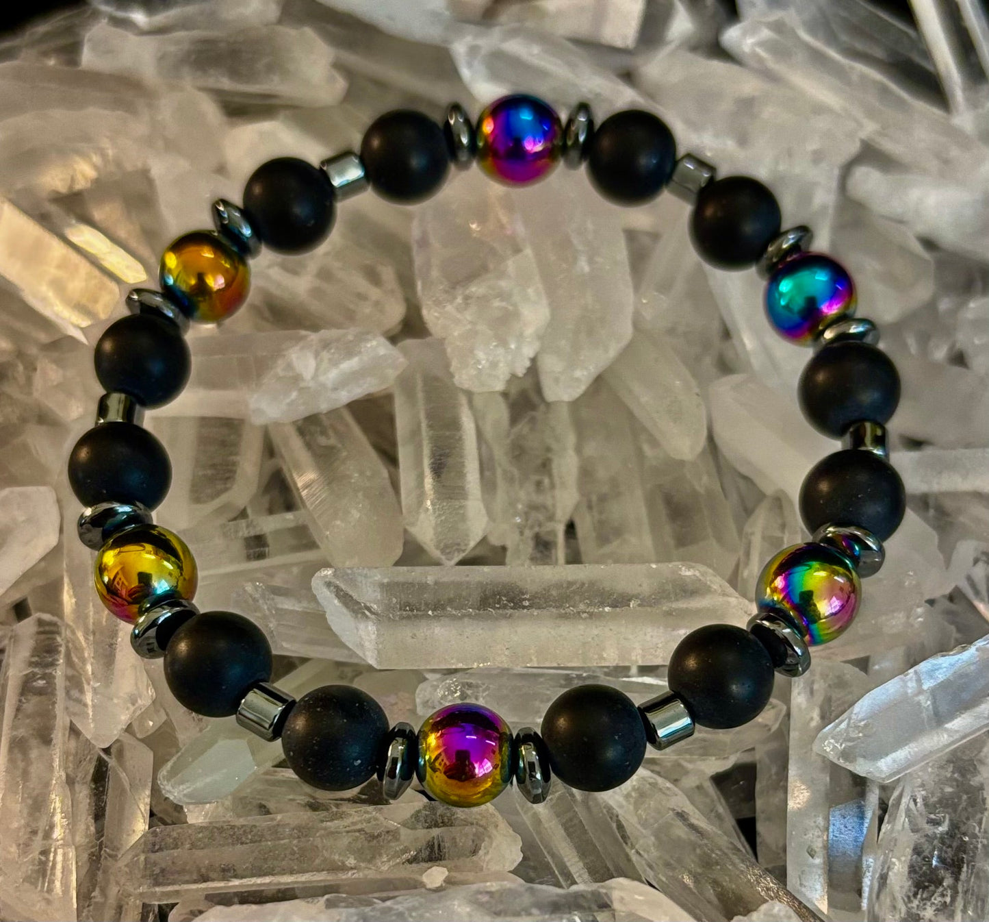 Hematite and Natural Stone Unisex Stretch Bracelet – Medium Fit, Sleek Fusion Style