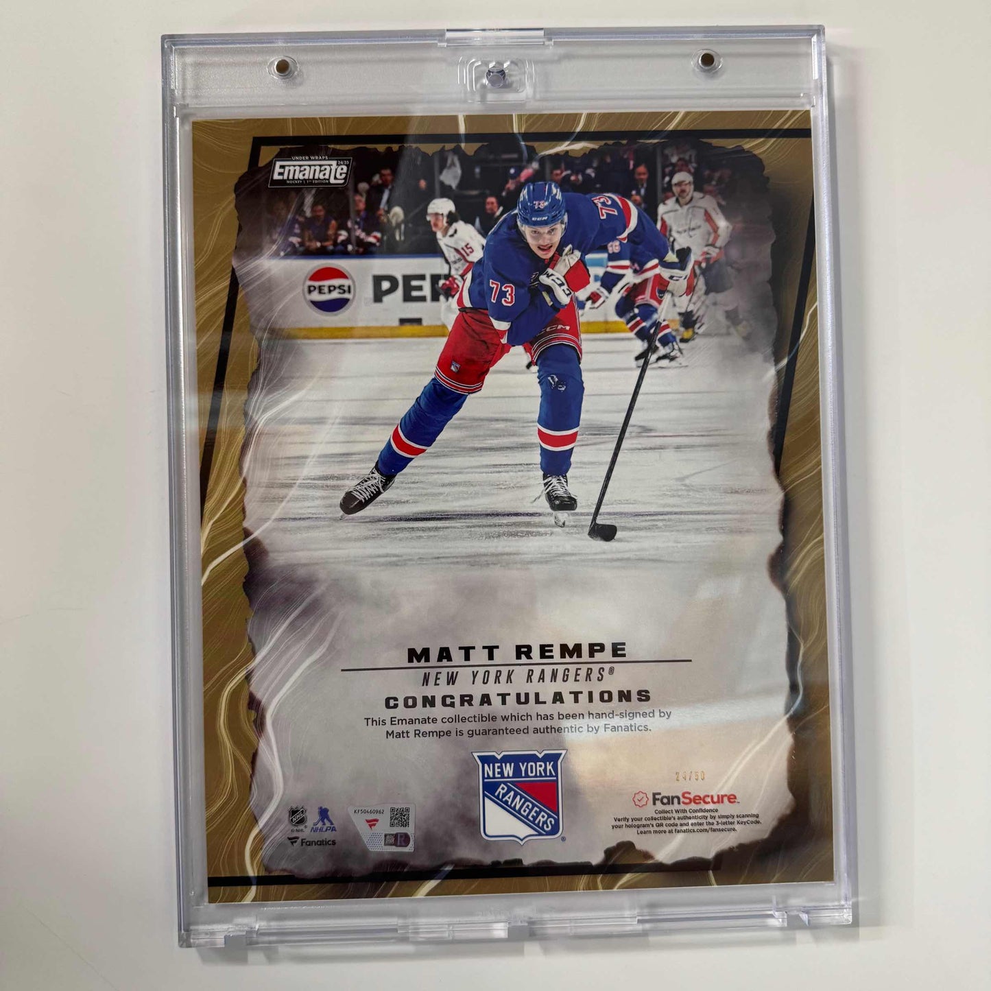 Autographed/Signed 2024 Under Wraps Emanate Matt Rempe New York Rangers Gold /50 8x10 Hockey Card Photo Fanatics COA