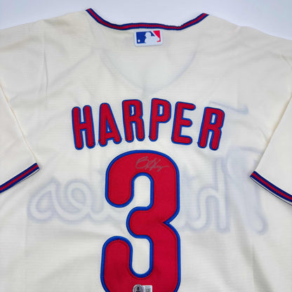 Autographed/Signed Bryce Harper Philadelphia Cream Baseball Jersey Beckett BAS COA