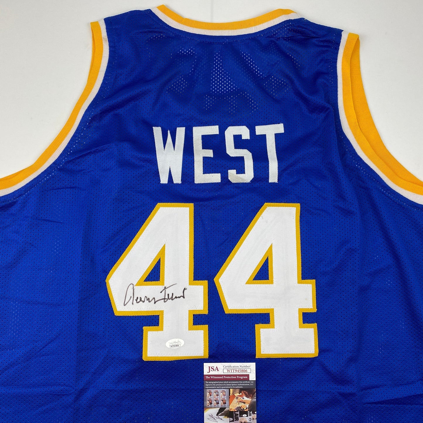 Autographed/Signed Jerry West West Virginia Blue College Basketball Jersey JSA COA