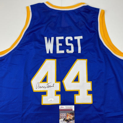 Autographed/Signed Jerry West West Virginia Blue College Basketball Jersey JSA COA