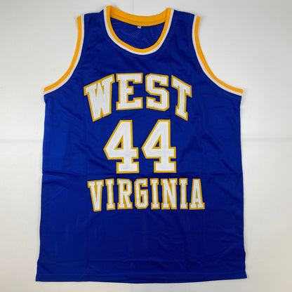 Autographed/Signed Jerry West West Virginia Blue College Basketball Jersey JSA COA