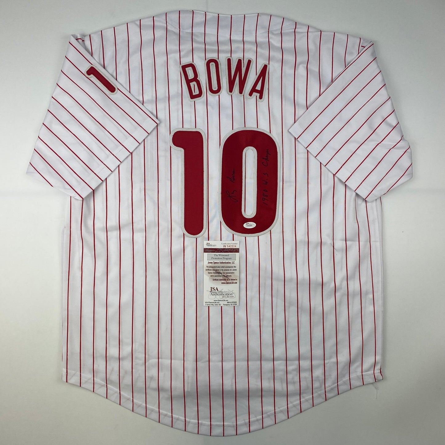Autographed/Signed Larry Bowa 1980 WS Champs Philadelphia Pinstripe Baseball Jersey JSA COA