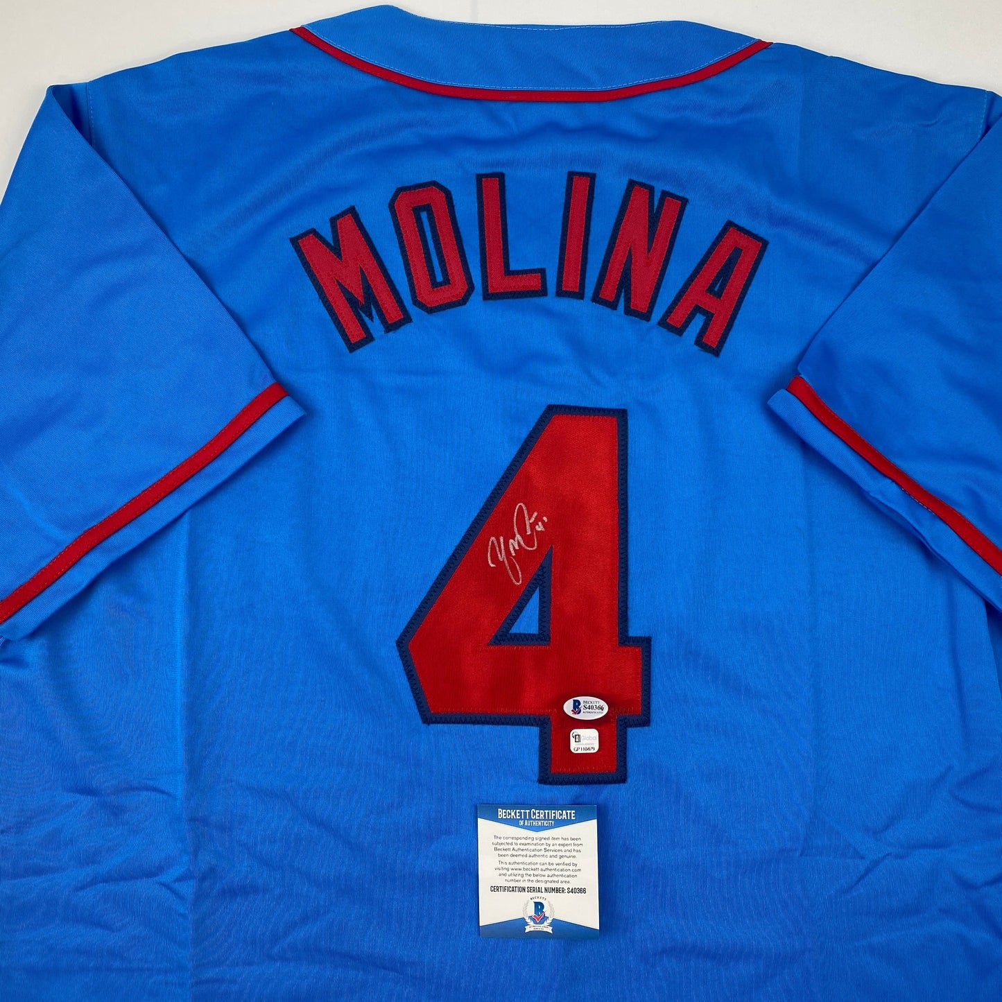 Autographed/Signed Yadier Molina St. Louis Blue Baseball Jersey Beckett BAS COA