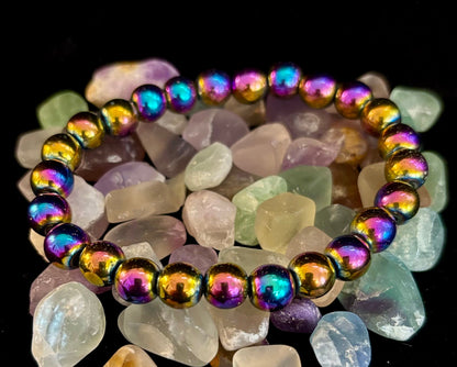 Rainbow Hematite Round Beaded Bracelet – Pride & Strength for Medium to Large Wrists