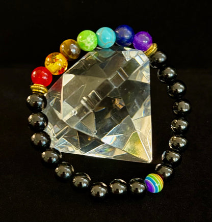 🌈 Faux Stone Chakra Bracelets with Pride Bead – White or Black
