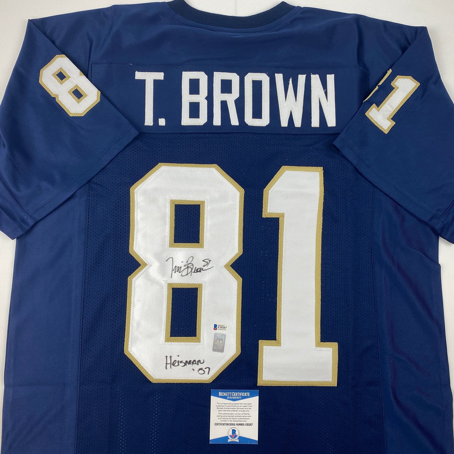 Autographed/Signed Tim Brown Heisman 87 Notre Dame Blue College Football Jersey Beckett BAS COA
