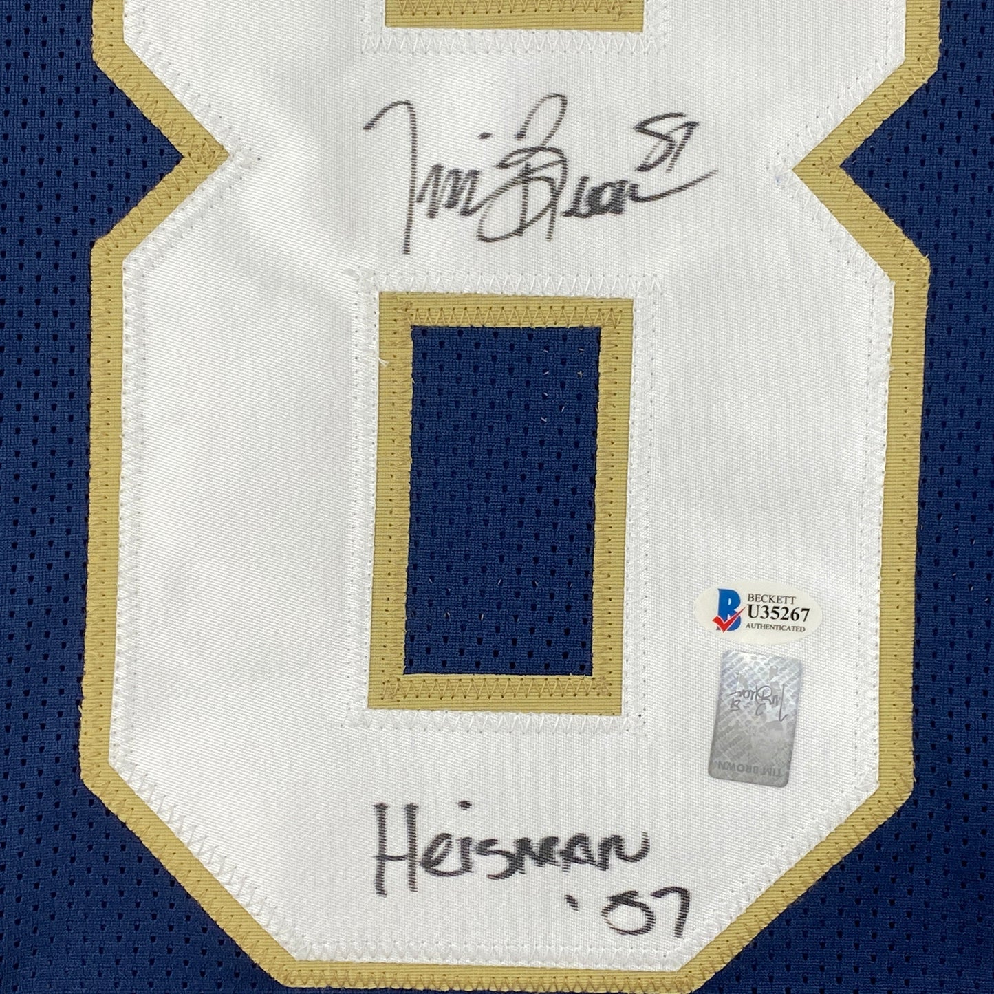 Autographed/Signed Tim Brown Heisman 87 Notre Dame Blue College Football Jersey Beckett BAS COA