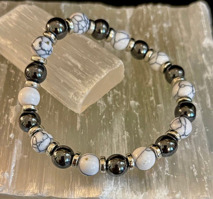 White Turquoise & Hematite Energy Protection Bracelet – 8mm Beads for Medium Wrists