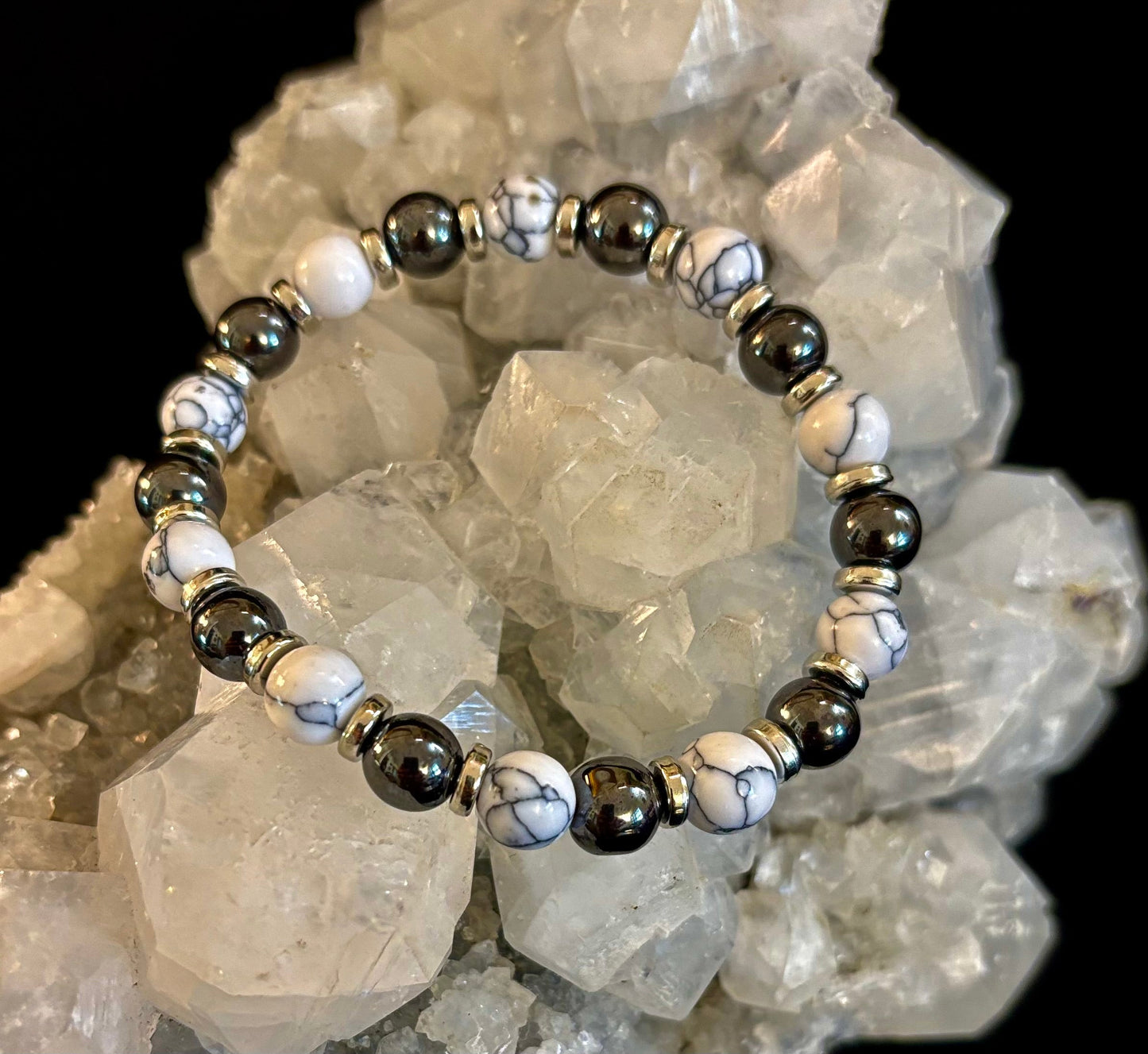 White Turquoise & Hematite Energy Protection Bracelet – 8mm Beads for Medium Wrists