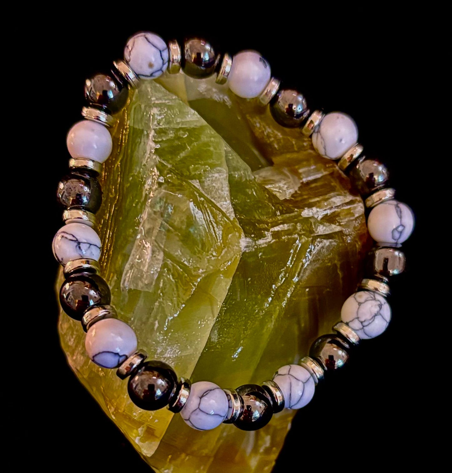 White Turquoise & Hematite Energy Protection Bracelet – 8mm Beads for Medium Wrists