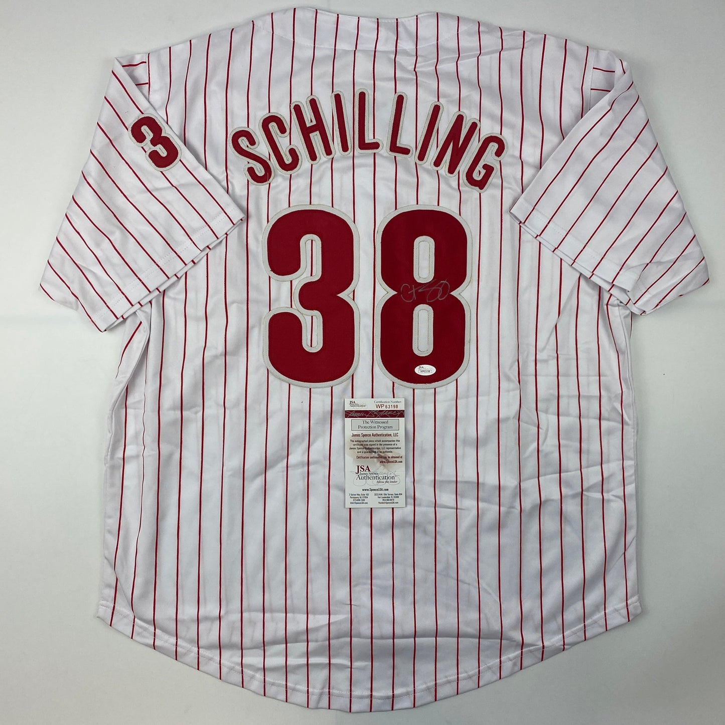 Autographed/Signed Curt Schilling Philadelphia Pinstripe Baseball Jersey JSA COA