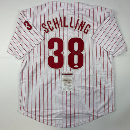 Autographed/Signed Curt Schilling Philadelphia Pinstripe Baseball Jersey JSA COA
